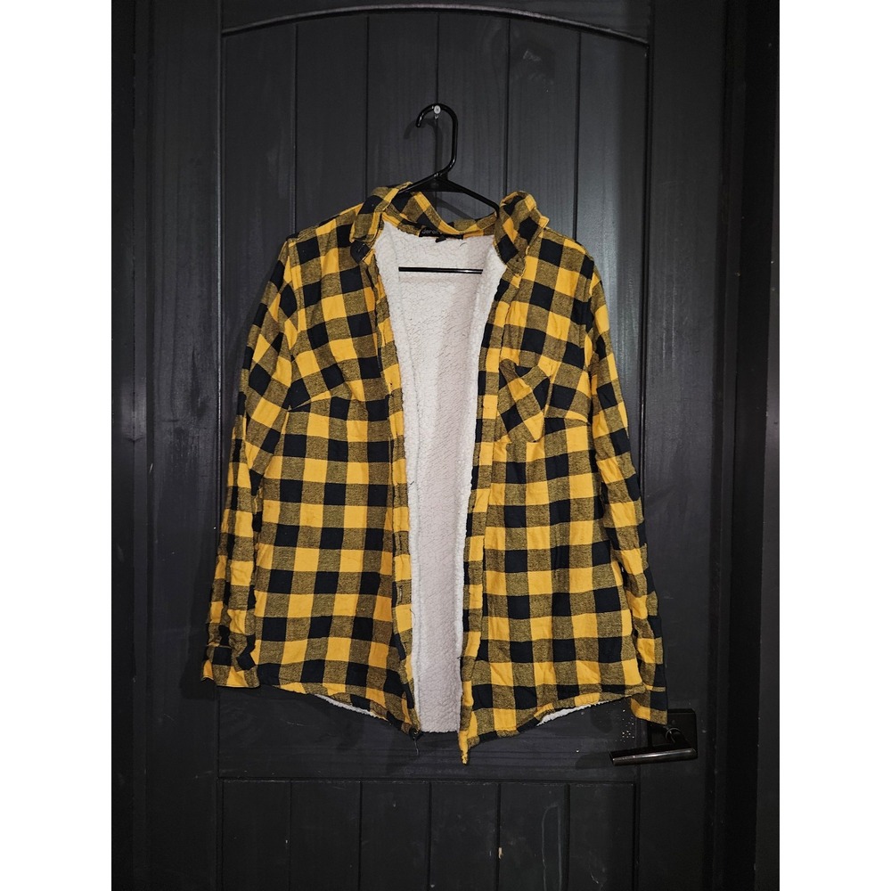Yellow Black Plaid Flannel Sherpa Lined Jacket Shirt Winter Warm Cozy